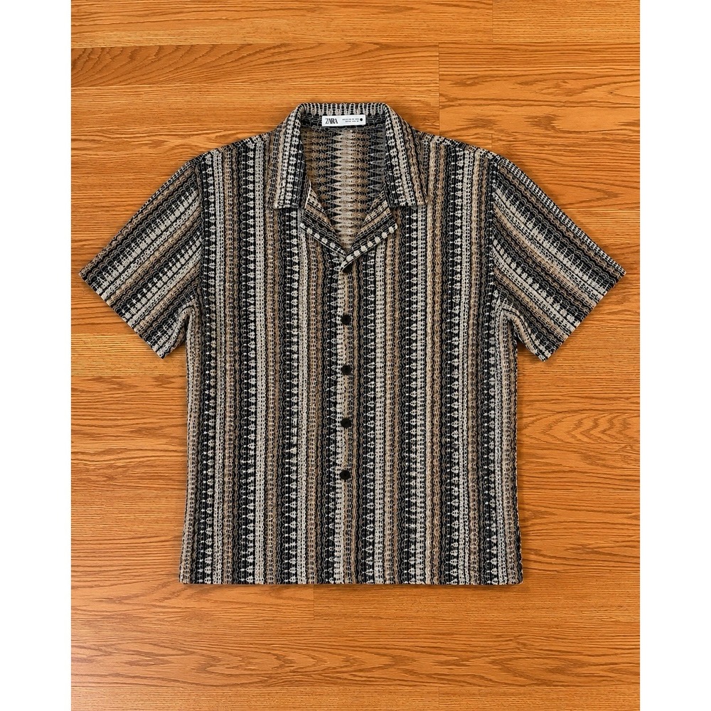 Zara Crochet Knit Shirt Mens L Camp Collar Striped Black Tan Open Weave Resort